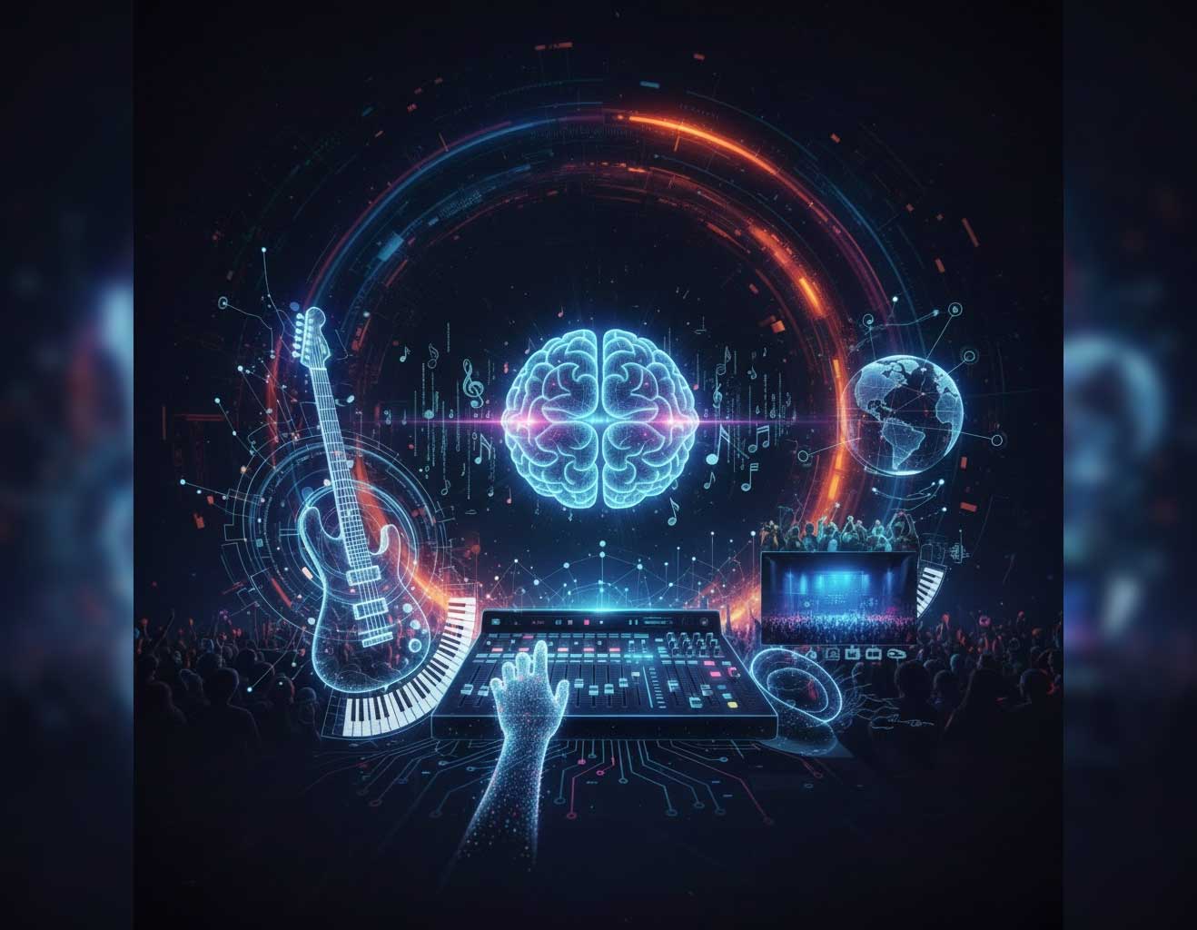 Digital visualization of music industry trends for 2025, featuring a glowing brain/neural network overseeing a mixing board, a holographic guitar, and a crowd at a virtual performance, symbolizing AI's role in creation and distribution.