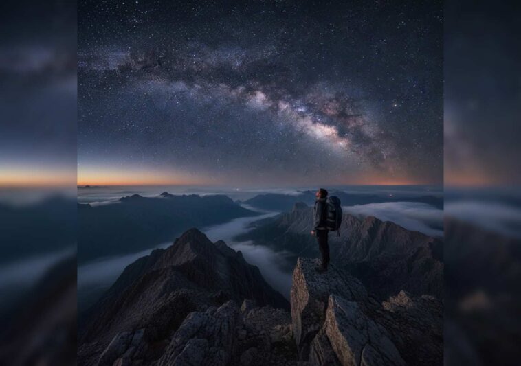 Traveler stargazing under the Milky Way galaxy at a dark sky park, showcasing noctourism nighttime travel adventure in the United States