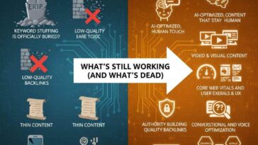 Futuristic digital illustration of SEO in 2025 showing AI-powered search, analytics charts, and website optimization visuals.