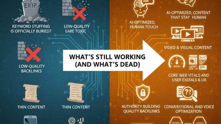 Futuristic digital illustration of SEO in 2025 showing AI-powered search, analytics charts, and website optimization visuals.