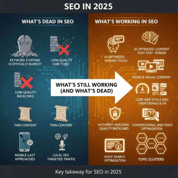 Futuristic digital illustration of SEO in 2025 showing AI-powered search, analytics charts, and website optimization visuals.
