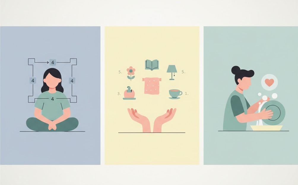 Serene and calm natural landscape with soft, warm tones, representing peace and mindfulness for stress relief.