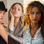 Split screen comparison showing AI virtual influencer on left and real human celebrity on right representing the future of fame and digital entertainment