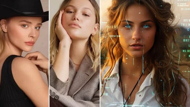 Split screen comparison showing AI virtual influencer on left and real human celebrity on right representing the future of fame and digital entertainment