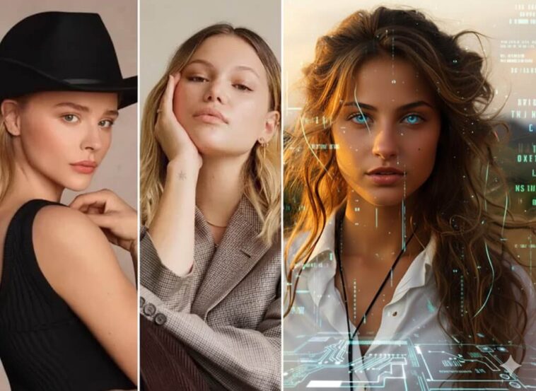 Split screen comparison showing AI virtual influencer on left and real human celebrity on right representing the future of fame and digital entertainment