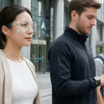 A photorealistic group of diverse people walking in a futuristic city wearing 2025 wearable technology, including sleek AR glasses, holographic smartwatches, and smart sensor clothing.