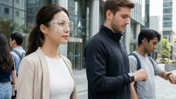 A photorealistic group of diverse people walking in a futuristic city wearing 2025 wearable technology, including sleek AR glasses, holographic smartwatches, and smart sensor clothing.