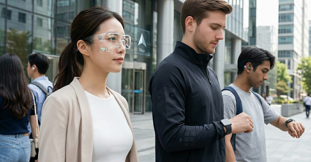A photorealistic group of diverse people walking in a futuristic city wearing 2025 wearable technology, including sleek AR glasses, holographic smartwatches, and smart sensor clothing.