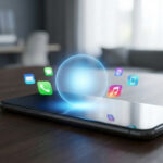 modern smartphone on a wooden desk with a glowing blue orb hovering over it, absorbing floating app icons, representing the transition from multiple apps to a single personal AI assistant.