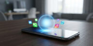 modern smartphone on a wooden desk with a glowing blue orb hovering over it, absorbing floating app icons, representing the transition from multiple apps to a single personal AI assistant.
