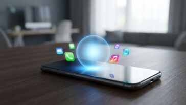 modern smartphone on a wooden desk with a glowing blue orb hovering over it, absorbing floating app icons, representing the transition from multiple apps to a single personal AI assistant.