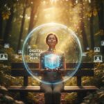 Woman meditating in a peaceful forest setting, holding a glowing digital cube inside a protective bubble, representing a break from excessive screen time and the Digital Detox 2025 movement.