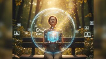 Woman meditating in a peaceful forest setting, holding a glowing digital cube inside a protective bubble, representing a break from excessive screen time and the Digital Detox 2025 movement.