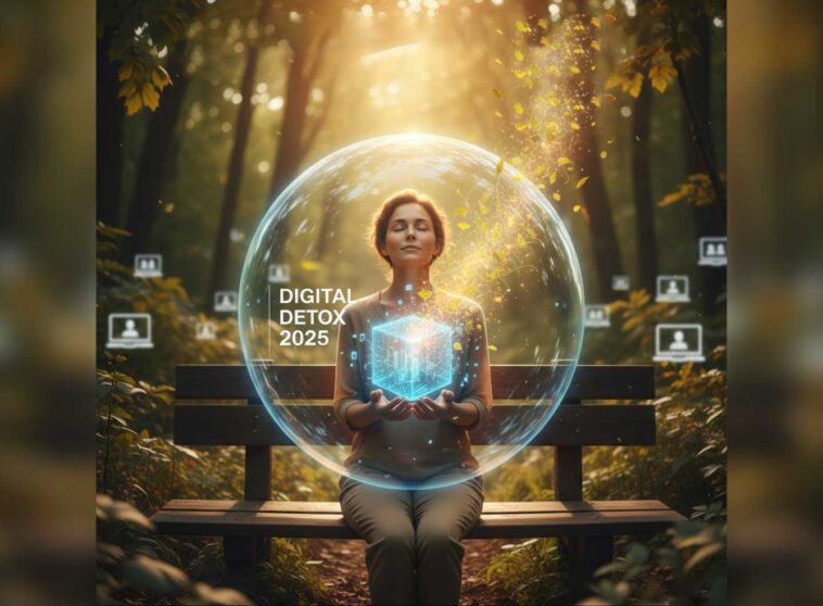 Woman meditating in a peaceful forest setting, holding a glowing digital cube inside a protective bubble, representing a break from excessive screen time and the Digital Detox 2025 movement.