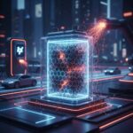 A visual representation of breakthrough EV battery technology, featuring a transparent battery cell glowing with neon blue and orange energy, containing a core structure of black hexagonal lattice material. A high-power electric beam connects to the battery from an external source, set against a blurred, futuristic cityscape with electric vehicles charging nearby.