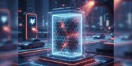 A visual representation of breakthrough EV battery technology, featuring a transparent battery cell glowing with neon blue and orange energy, containing a core structure of black hexagonal lattice material. A high-power electric beam connects to the battery from an external source, set against a blurred, futuristic cityscape with electric vehicles charging nearby.