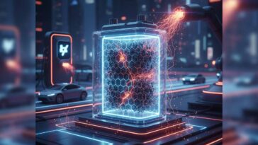 A visual representation of breakthrough EV battery technology, featuring a transparent battery cell glowing with neon blue and orange energy, containing a core structure of black hexagonal lattice material. A high-power electric beam connects to the battery from an external source, set against a blurred, futuristic cityscape with electric vehicles charging nearby.