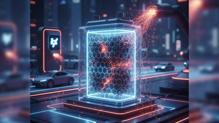 A visual representation of breakthrough EV battery technology, featuring a transparent battery cell glowing with neon blue and orange energy, containing a core structure of black hexagonal lattice material. A high-power electric beam connects to the battery from an external source, set against a blurred, futuristic cityscape with electric vehicles charging nearby.