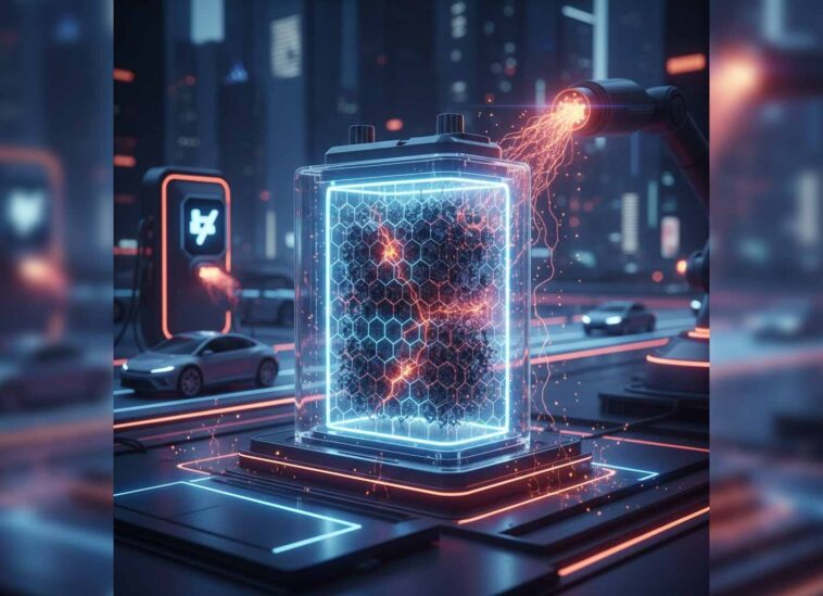 A visual representation of breakthrough EV battery technology, featuring a transparent battery cell glowing with neon blue and orange energy, containing a core structure of black hexagonal lattice material. A high-power electric beam connects to the battery from an external source, set against a blurred, futuristic cityscape with electric vehicles charging nearby.