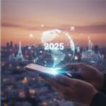 Hand holding a phone with a holographic globe and international travel landmarks (Eiffel Tower, Statue of Liberty) overlaid, symbolizing AI trip planning in 2025.