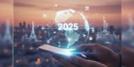 Hand holding a phone with a holographic globe and international travel landmarks (Eiffel Tower, Statue of Liberty) overlaid, symbolizing AI trip planning in 2025.