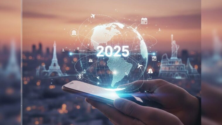 Hand holding a phone with a holographic globe and international travel landmarks (Eiffel Tower, Statue of Liberty) overlaid, symbolizing AI trip planning in 2025.