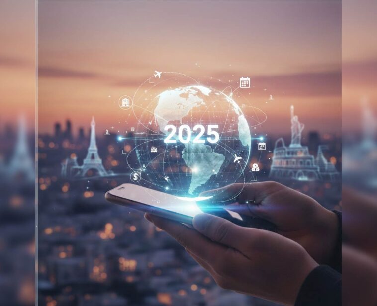 Hand holding a phone with a holographic globe and international travel landmarks (Eiffel Tower, Statue of Liberty) overlaid, symbolizing AI trip planning in 2025.