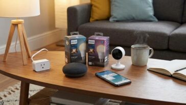 A collection of smart home devices including a Google Nest Mini, Philips Hue bulbs, a white security camera, and a smart plug on a coffee table next to a smartphone showing an automation app.