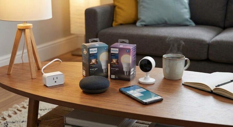 A collection of smart home devices including a Google Nest Mini, Philips Hue bulbs, a white security camera, and a smart plug on a coffee table next to a smartphone showing an automation app.