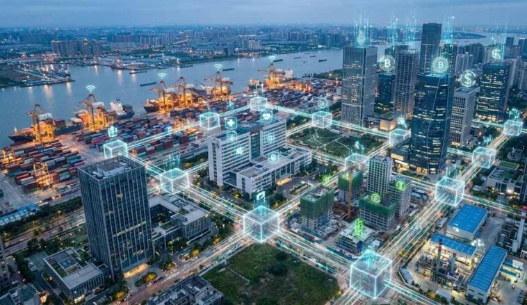 Futuristic city skyline overlay with digital blockchain connections illustrating blockchain applications 2025 in supply chain, finance, and healthcare industries.