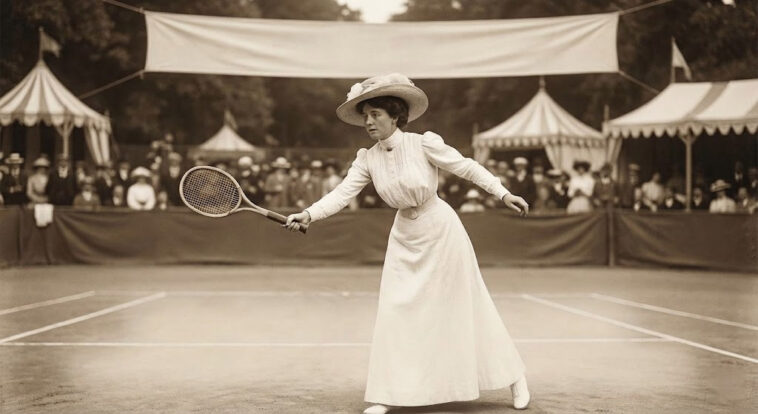 Historical black and white photo of Charlotte Cooper on a tennis court winning the Charlotte Cooper Olympic gold medal at the 1900 Paris Olympics.