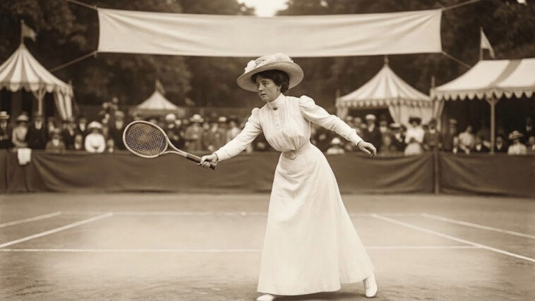 Historical black and white photo of Charlotte Cooper on a tennis court winning the Charlotte Cooper Olympic gold medal at the 1900 Paris Olympics.