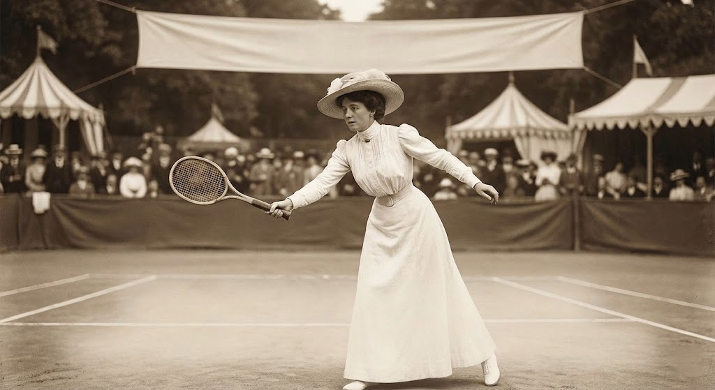 Historical black and white photo of Charlotte Cooper on a tennis court winning the Charlotte Cooper Olympic gold medal at the 1900 Paris Olympics.