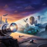 A wide digital illustration representing the 2025 movies slate. A large cinematic camera lens sits in the foreground. The background features a seamless blend of movie worlds: a superhero silhouette overlooking a futuristic golden city on the left, floating mountains and dragons in the center, and a dark gothic castle with a T-Rex silhouette in the mist on the right. A motorcycle speeds along a bottom road.