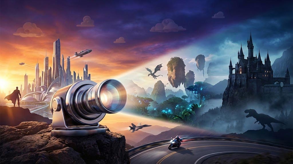 A wide digital illustration representing the 2025 movies slate. A large cinematic camera lens sits in the foreground. The background features a seamless blend of movie worlds: a superhero silhouette overlooking a futuristic golden city on the left, floating mountains and dragons in the center, and a dark gothic castle with a T-Rex silhouette in the mist on the right. A motorcycle speeds along a bottom road.