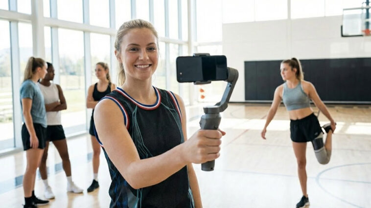 A realistic shot of a blonde female athlete holding a smartphone on a stabilizer gimbal to record a vlog in a bright indoor gym, representing how female TikTok athletes 2025 are dominating sports media through content creation.