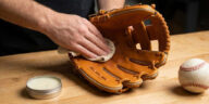 A close-up of hands rubbing leather conditioner into the pocket of a tan baseball glove on a wooden workbench, with a tin of conditioner and a baseball nearby.