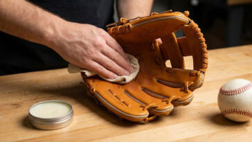 A close-up of hands rubbing leather conditioner into the pocket of a tan baseball glove on a wooden workbench, with a tin of conditioner and a baseball nearby.