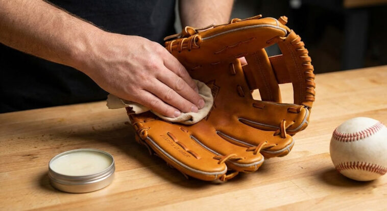 A close-up of hands rubbing leather conditioner into the pocket of a tan baseball glove on a wooden workbench, with a tin of conditioner and a baseball nearby.