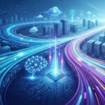 Futuristic illustration featuring glowing blue and purple data streams flowing rapidly through server racks and cloud icons, symbolizing the integration of IBM's hybrid cloud with Confluent's data streaming technology.