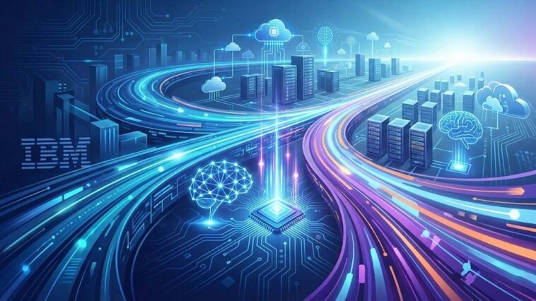 Futuristic illustration featuring glowing blue and purple data streams flowing rapidly through server racks and cloud icons, symbolizing the integration of IBM's hybrid cloud with Confluent's data streaming technology.