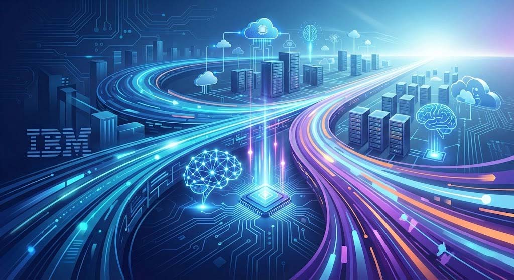 Futuristic illustration featuring glowing blue and purple data streams flowing rapidly through server racks and cloud icons, symbolizing the integration of IBM's hybrid cloud with Confluent's data streaming technology.