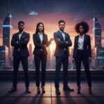 Group of diverse entrepreneurs standing confidently on a rooftop with a city skyline at sunset, overlaid with glowing digital personal branding and growth data icons.