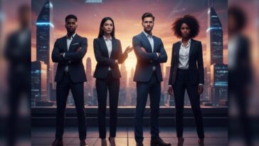 Group of diverse entrepreneurs standing confidently on a rooftop with a city skyline at sunset, overlaid with glowing digital personal branding and growth data icons.