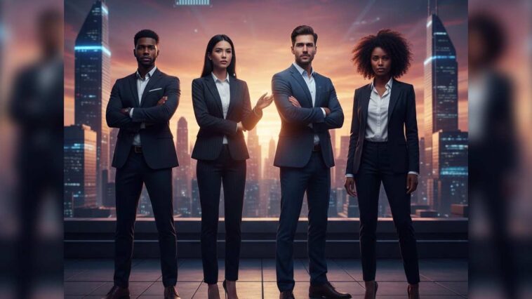 Group of diverse entrepreneurs standing confidently on a rooftop with a city skyline at sunset, overlaid with glowing digital personal branding and growth data icons.