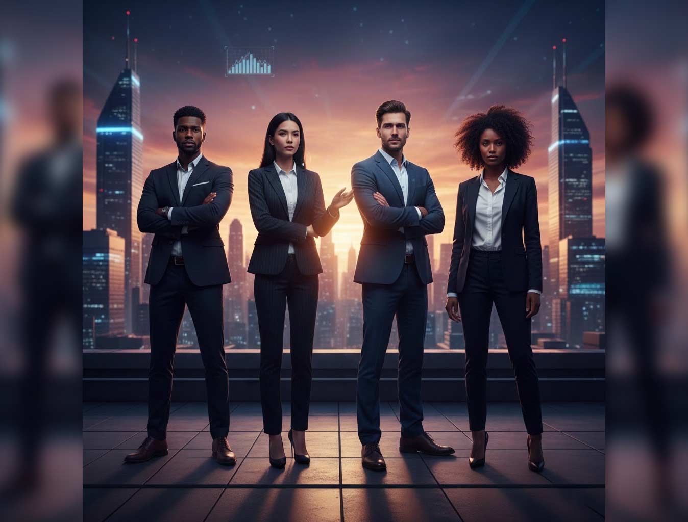 Group of diverse entrepreneurs standing confidently on a rooftop with a city skyline at sunset, overlaid with glowing digital personal branding and growth data icons.
