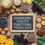 Top-down view of nutrient-dense functional foods on a wooden table, featuring jars of kimchi and sauerkraut, fresh citrus, reishi mushrooms, blueberries, and a chalkboard sign reading Maximizing Vitality: Functional Foods 2025.