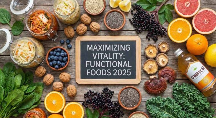 Top-down view of nutrient-dense functional foods on a wooden table, featuring jars of kimchi and sauerkraut, fresh citrus, reishi mushrooms, blueberries, and a chalkboard sign reading Maximizing Vitality: Functional Foods 2025.