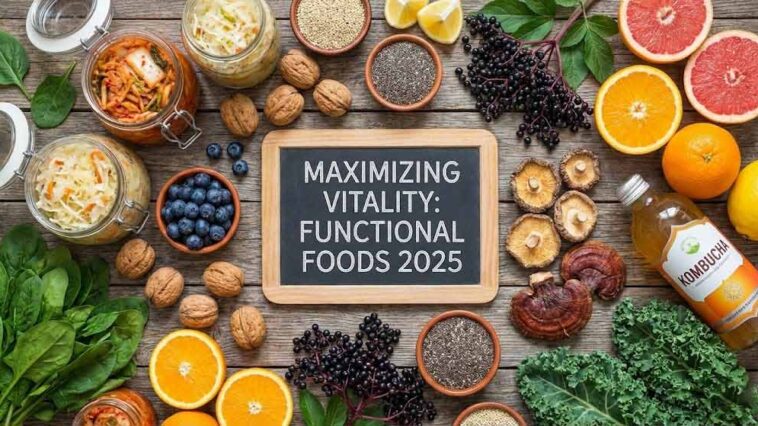 Top-down view of nutrient-dense functional foods on a wooden table, featuring jars of kimchi and sauerkraut, fresh citrus, reishi mushrooms, blueberries, and a chalkboard sign reading Maximizing Vitality: Functional Foods 2025.