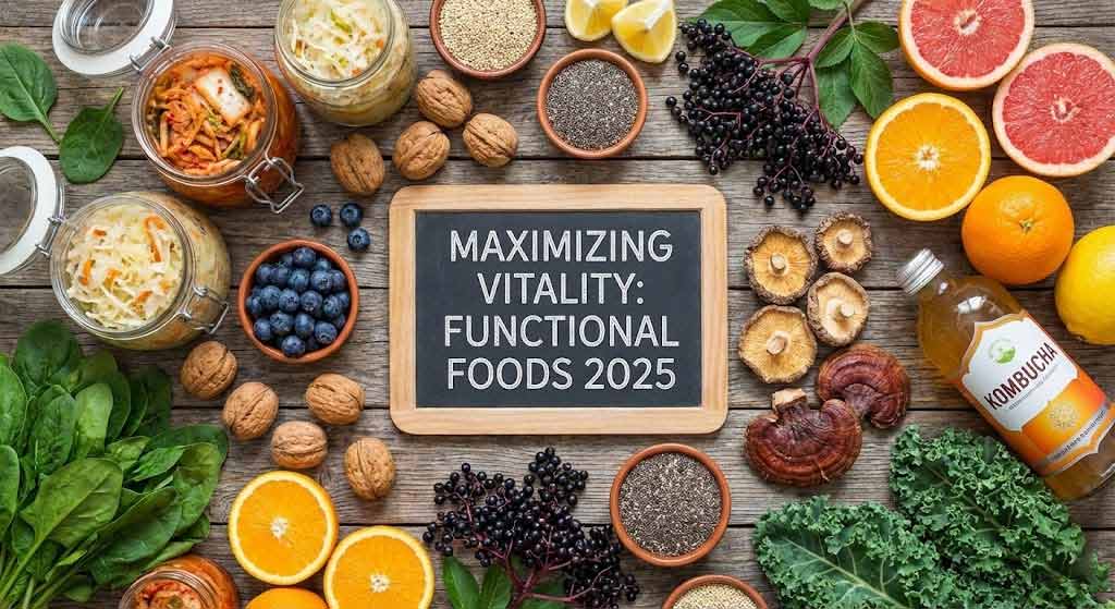 Top-down view of nutrient-dense functional foods on a wooden table, featuring jars of kimchi and sauerkraut, fresh citrus, reishi mushrooms, blueberries, and a chalkboard sign reading Maximizing Vitality: Functional Foods 2025.